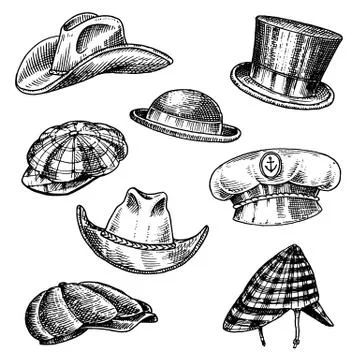 Summer Hats vintage collection for elegant men. Fedora Derby Deerstalker Homburg Stock Illustration
