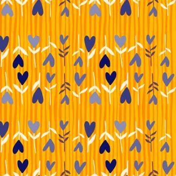 Summer heart branches seamless pattern. Yellow stripped background and navy b Illustrazione stock