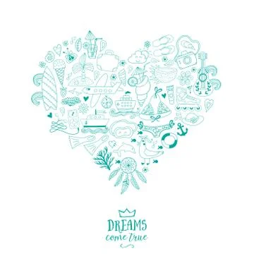 Summer heart design made of doodle season elements Stock Illustration