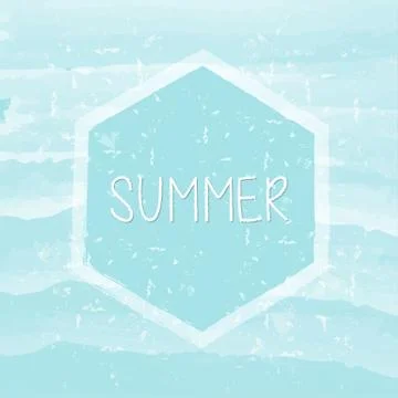 Summer in hexagon frame over blue waves, grunge drawn label Stock Illustration