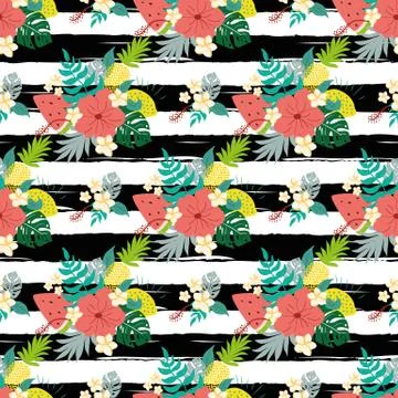 Summer hibiscus seamless patterns on striped black lines tropical flowers exo Illustrazione stock