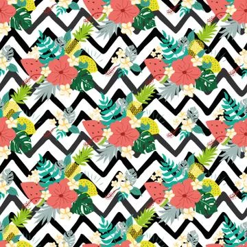 Summer hibiscus seamless patterns on zigzag black lines tropical flowers exot Stock Illustration