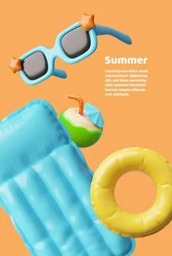 Summer holiday 3D vector poster with beach and pool elements, coconut cocktail Stock Illustration