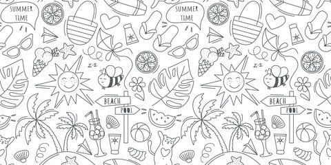 Summer holiday attributes seamless pattern doodle sketch style Stock Illustration
