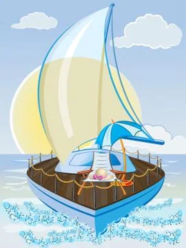 Summer holiday background with sailing ship, chair and umbrella Stock Illustration