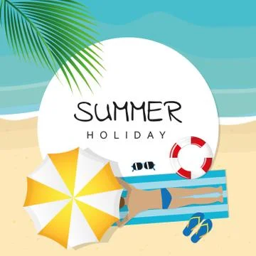 Summer holiday on the beach boy is lying under an umbrella Stock Illustration