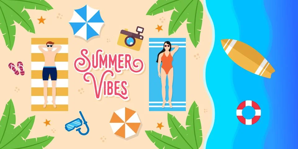 Summer Holiday on the beach Vector Illustration. Summer vacation Vector flat  Ilustração Stock