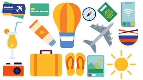 Summer Holiday Elements - Plane Airplane Ticket Credit Debit Card Passport Cockt Stock Illustration
