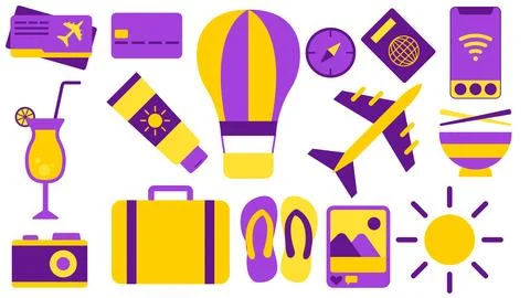 Summer Holiday Elements - Plane Airplane Ticket Credit Debit Card Passport Cockt Stock Illustration