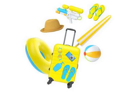 Summer holiday essentials including suitcase, flip-flops, float, camera and Stock Illustration