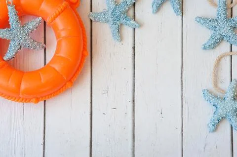 Summer holiday frame with seashells and beach accessories. Summer background Stock Photos