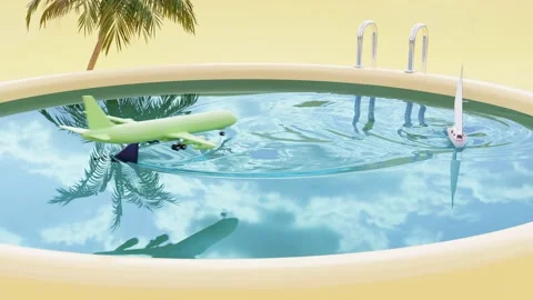 Summer holiday mood. Pool with a floating boat and a shark. Stock Footage 212873102