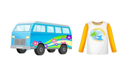 Summer holiday objects set. Vintage hippie van and rashguard vector illustration Stock Illustration