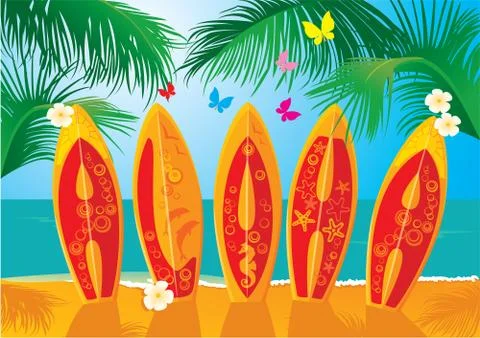 Summer holiday postcard - surf boards with hand drawn text aloha Stock Illustration