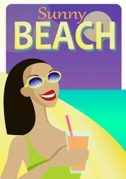 Summer Holiday poster vector design with a beautiful young woman sipping a Stock-Illustration