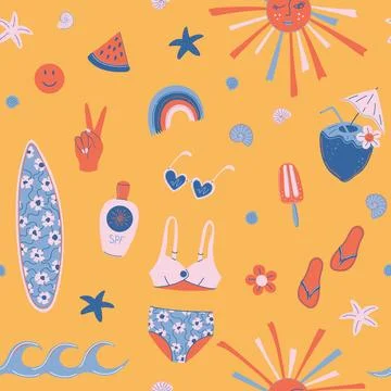 Summer holiday seamless pattern. Beach vacation symbols - bikini, surfboard. 스톡 일러스트