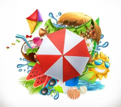 Summer holiday set, 3d vector icon Stock Illustration