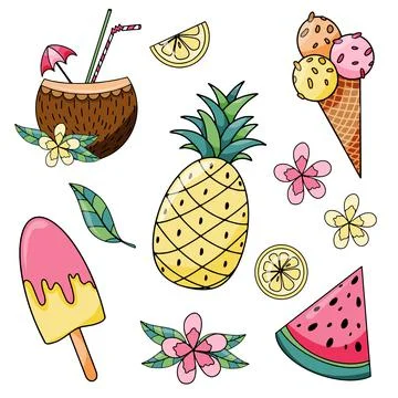 Summer holiday set with pineapple, slice watermelon, ice cream, lemon and Stock Illustration
