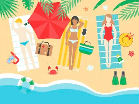 Summer Holiday, Sunbathing on the beach vector 스톡 일러스트