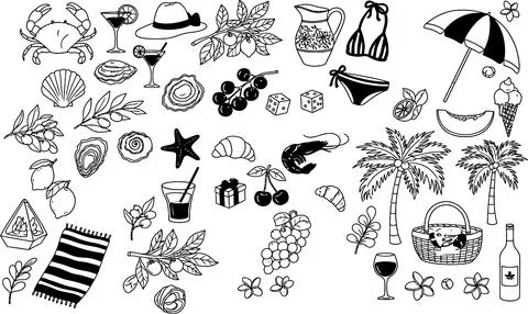 Summer Holiday Vector Icons: Beach, Food, Drinks, and Tropical Elements イラスト素材