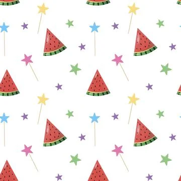 Summer holiday vector seamless pattern of multicolored stars and watermelon Stock Illustration