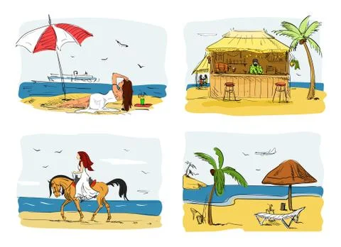 Summer holidays concept vector illustration. Woman  under umbrella next to sea Stock Illustration
