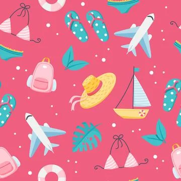 Summer holidays pattern Cute plane, sail boat, backpack, flip flops. Hand drawn Stock Illustration