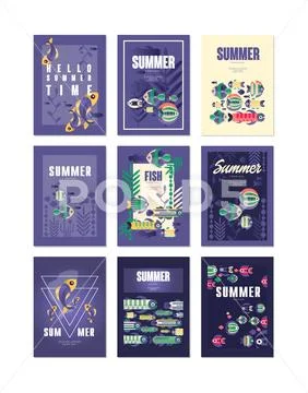 Summer holidays, travel and fishing greeting cards set of vector Illustrations Stock Illustration