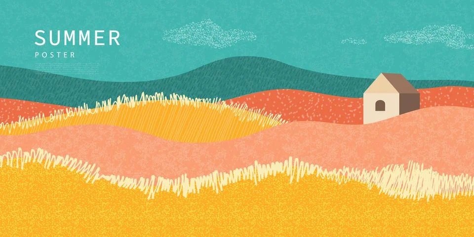 Summer horizontal poster with fields and farmhouse. Various hand drawn textures Stock Illustration