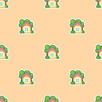 Summer house and green trees seamless pattern. Country cottage and summer garden Stock Illustration