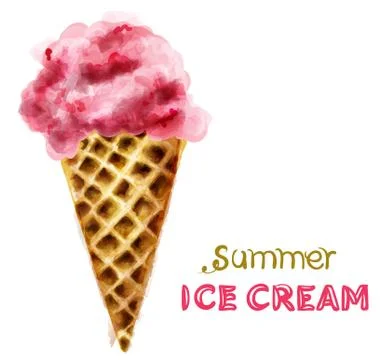 Summer ice cream cone with cherry watercolor Vector. Colorful juicy desserts Illustrazione stock