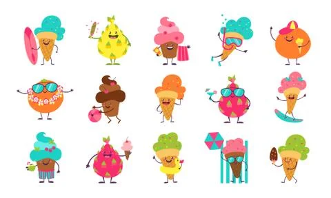 Summer ice cream stickers. Funny doodle desserts and fruits with cute faces Stock Illustration