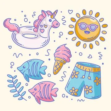 Summer icon collection doodle full color Stock Illustration