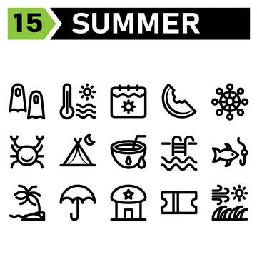 Summer icon set include flippers, swim fish, summer, vacation, diving, temper Stock Illustration