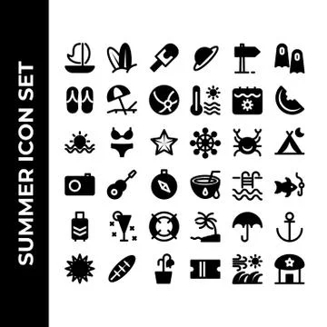 Summer icon set include sailing,surfer,ice cream,slippers,sunbed,ball,beach,b Stock Illustration