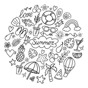 Summer icon set in round. Hello Summer. Doodle style Illustrazione stock