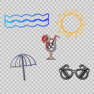 Summer icon set with sun, waves, umbrella, drink, sunglasses Illustrazione stock