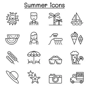 Summer icon set in thin line style Stock Illustration