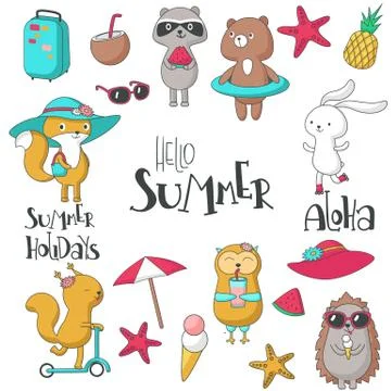 Summer icon set vector hand drawn illustration Stock Illustration
