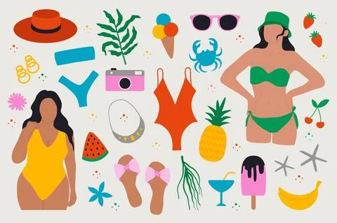 Summer icons. Abstract doodle elements woman swimsuit crab fruits tropical Stock Illustration
