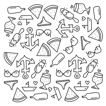 Summer icons doodle set vector design Stock Illustration