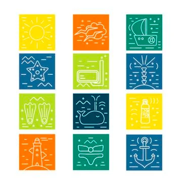 Summer  icons. Marine design elements.  Vacation symbols in trendy line sty.. Stock Illustration
