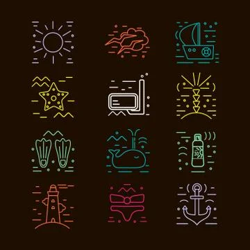 Summer  icons. Marine design elements.  Vacation symbols in trendy line sty.. Stock Illustration