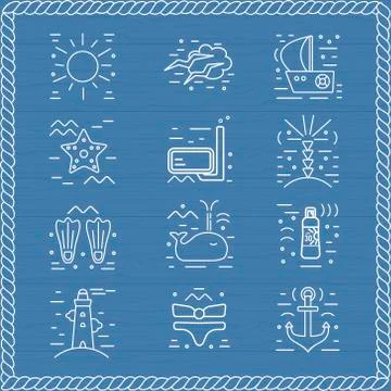 Summer  icons. Marine design elements.  Vacation symbols in trendy line sty.. Stock Illustration