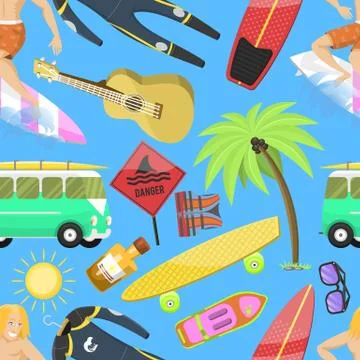 Summer icons seamless pattern. Vacation on seaside. Palms, flippers, surfing man イラスト素材