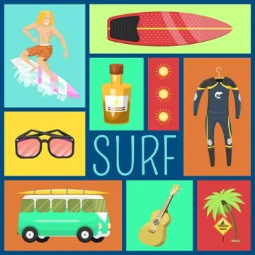 Summer icons seamless pattern. Vacation on seaside. Palms, flippers, surfing man Stock Illustration