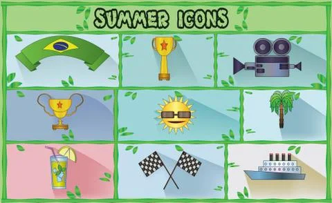 Summer icons set with brasil flag ribbon, rally flags and lemonade, flat styl Stockillustratie