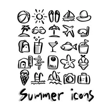 Summer icons with shadow vector illustration sketch hand drawn with black lin Stock Illustration