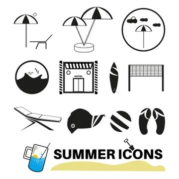 Summer Icons with White Background. Black and white icons. Stock Illustration