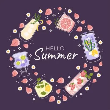 Summer illustration with refreshing drinks in unique glasses, garnished fru.. Stock Illustration